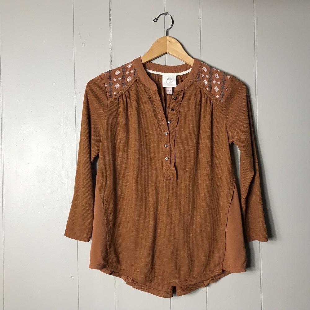 KNOX ROSE RUSTIC ORANGE BOHO HENLEY EMBROIDERED SHOULDERS RAYON BLEND WOMENS XS